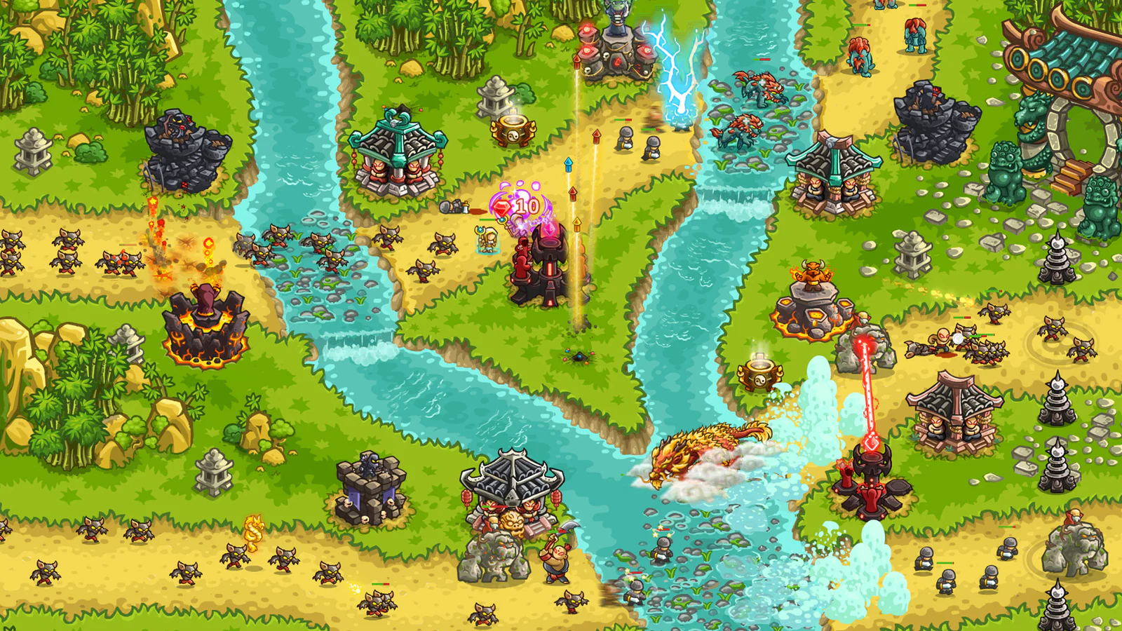 Official Kingdom Rush Vengeance screenshot showing towers and enemies on a bright path